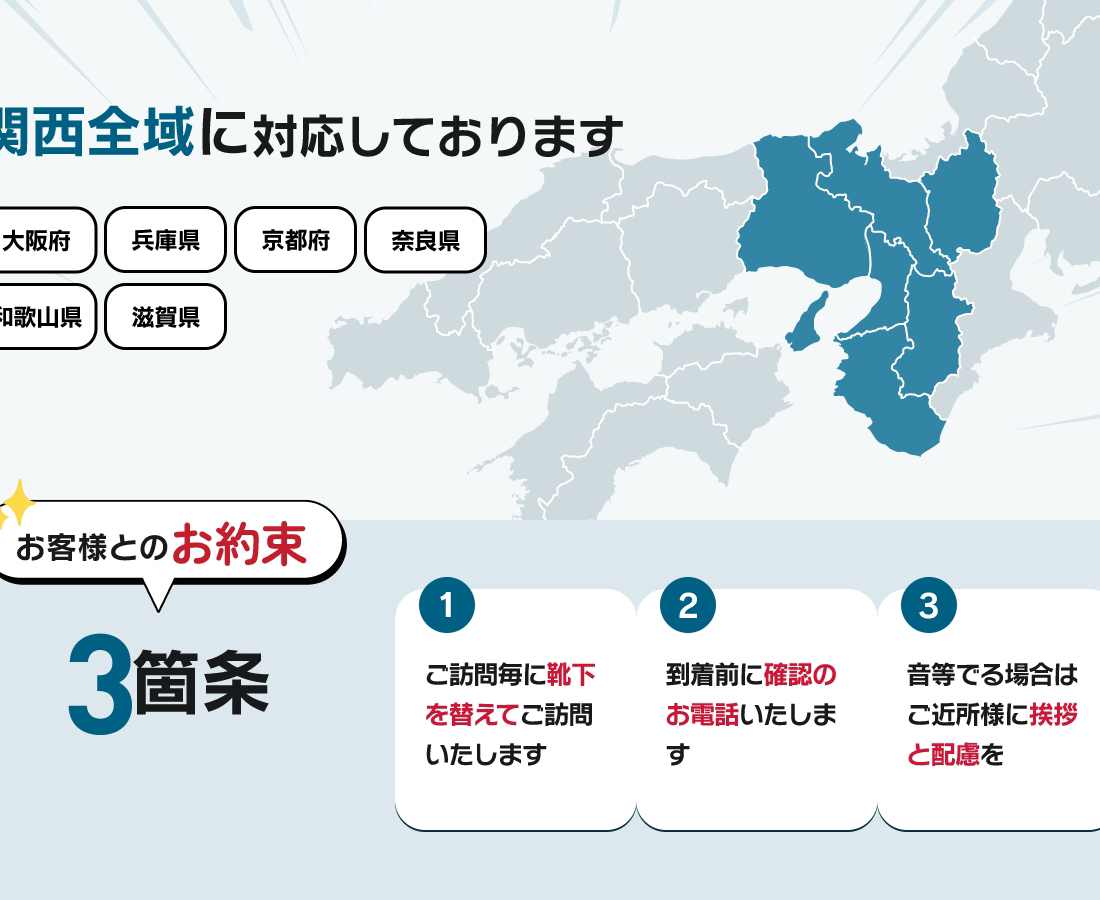 関西全域に対応しております お客様とのお約束3箇条